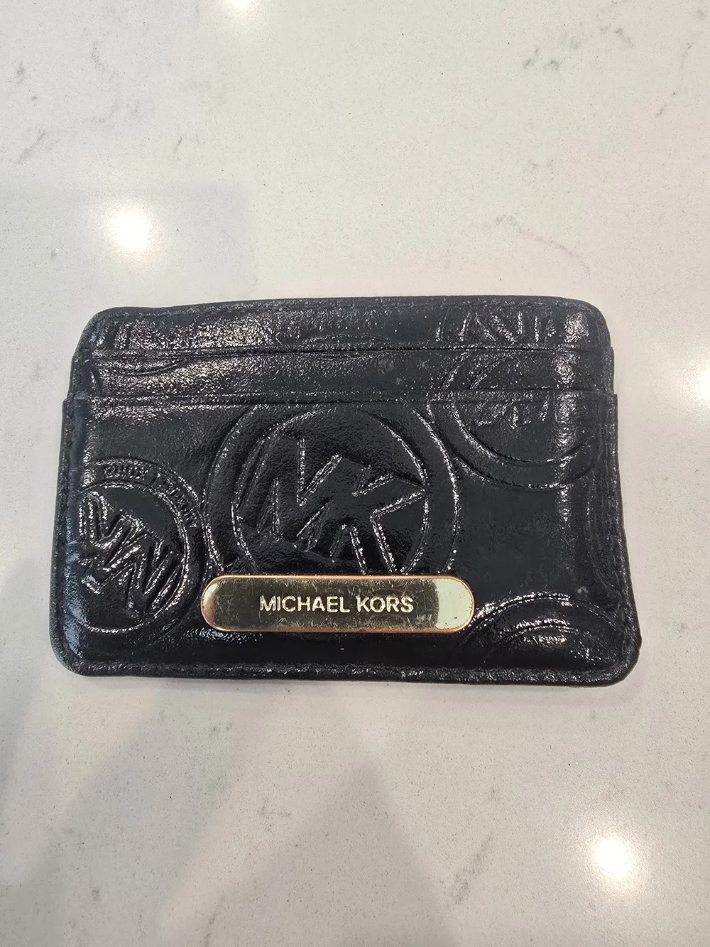 Michael Kors Black Embossed Leather Card Holder with Gold Nameplate